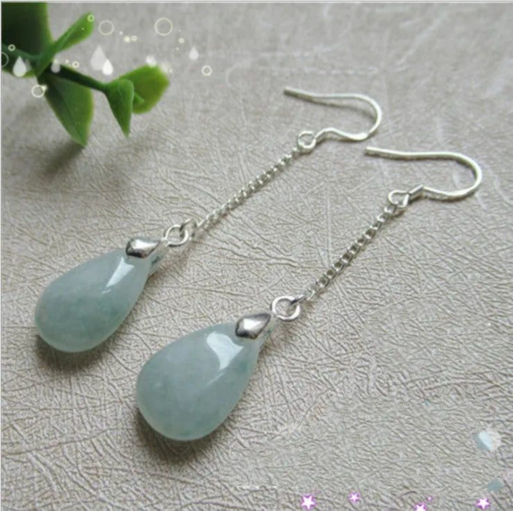 Natural Burmese jade drop earrings for women, green gemstone, 17x10mm dangle earrings