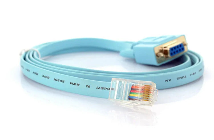 Sky-blue flat RJ45 to DB9 serial console cable with copper conductors, 1.5 metres long