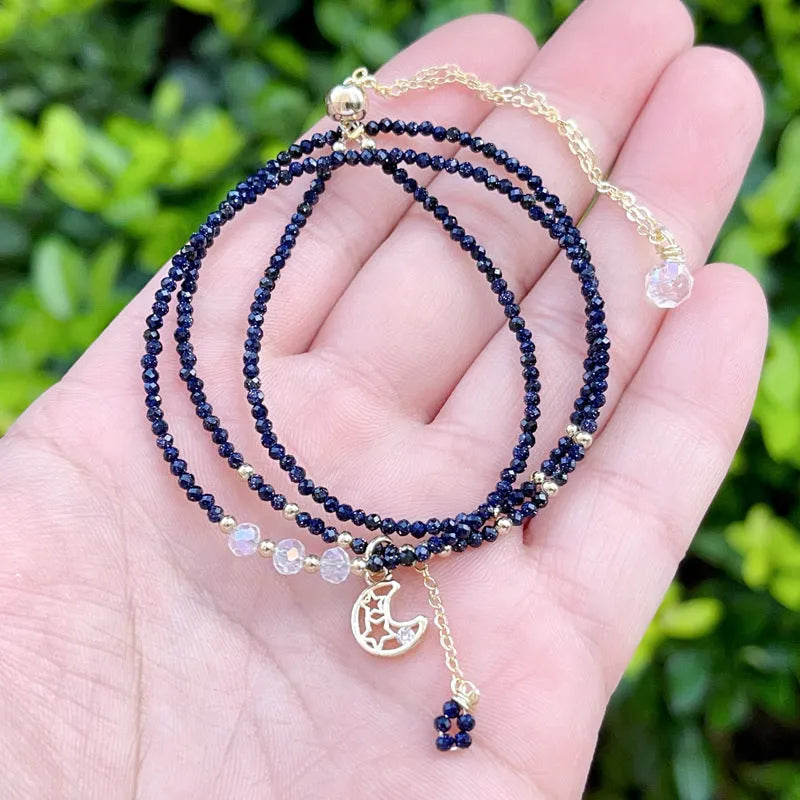 Blue gold sand stone cut three-ring women's bracelet with adjustable sliding clasp