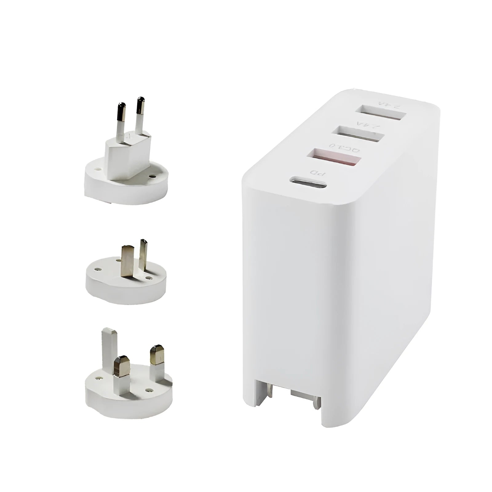 Black 48W USB-C four-port wall charger with UK plug on a white background