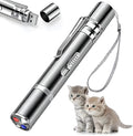 Silver aluminium USB-rechargeable cat laser toy pointer with five pattern options.