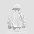 Lightweight beige hooded spandex sun protection jacket for men and women on a hanger.