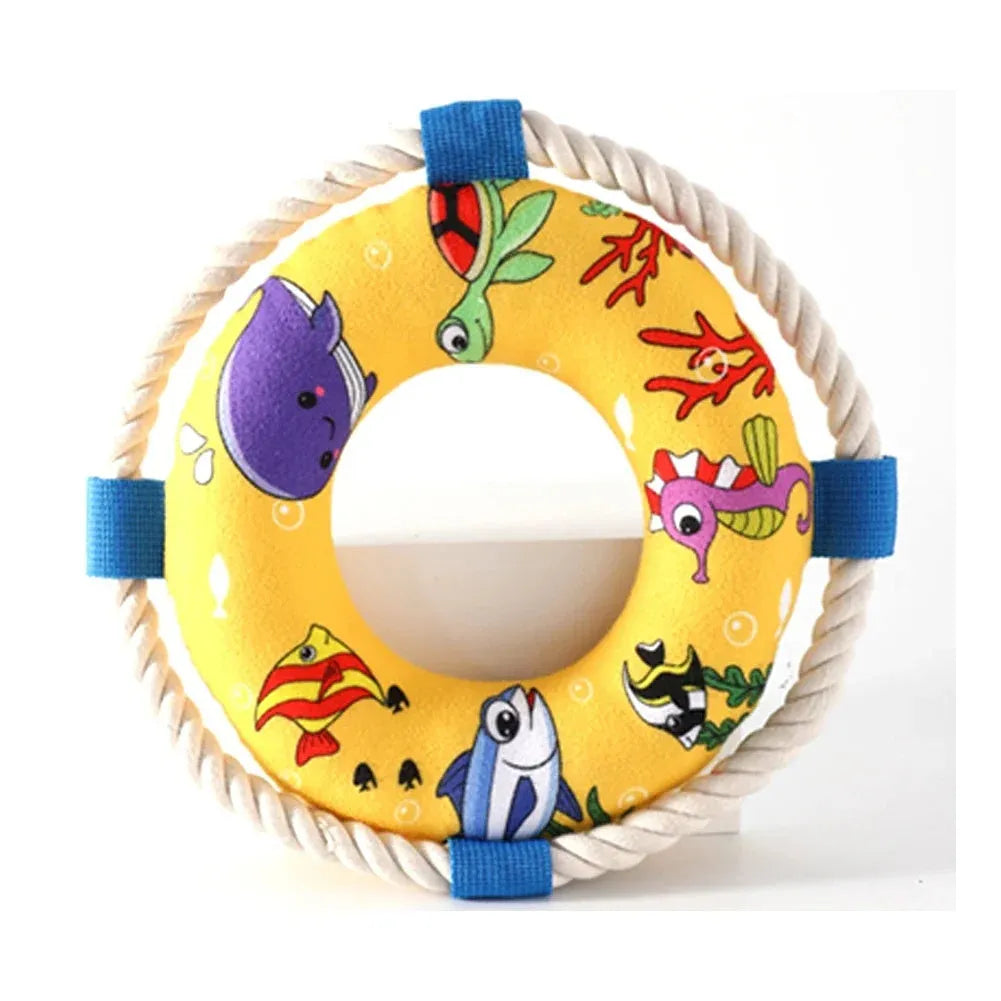 Yellow fish design dog pull ring toy with squeaker for fetch games, 25cm diameter