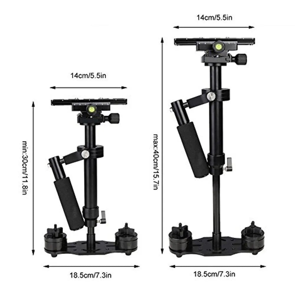 Black aluminium handheld camera stabilizer with adjustable height for S40 and S60 models.