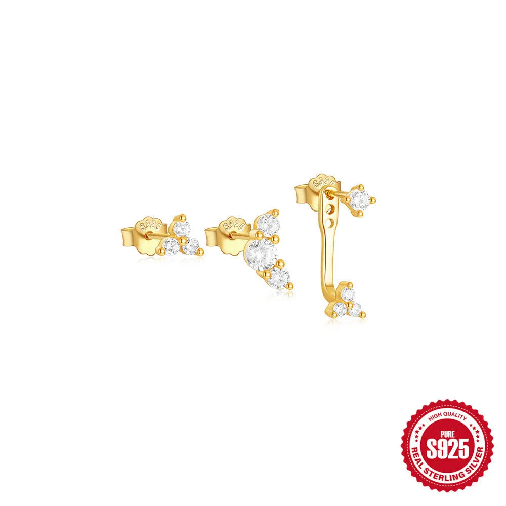 Set of three S925 sterling silver geometric zircon tassel earrings for women on a plain background.
