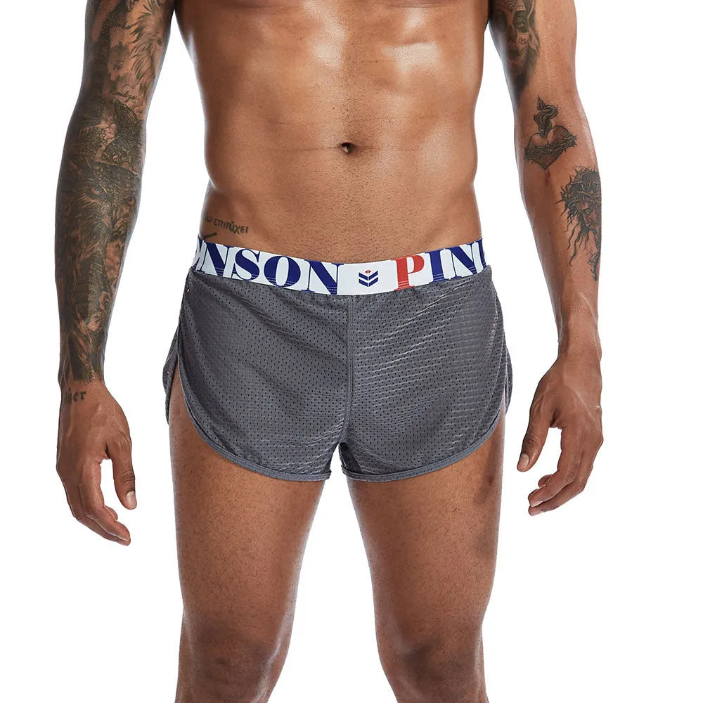 Mesh nylon men's boxer briefs in black, white, grey and wine red colours showing mid waist design