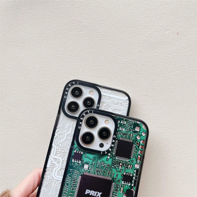 Circuit board acrylic phone case with hard PC shell for Apple iPhone, shown in IC Board or White Circuit Board colour.