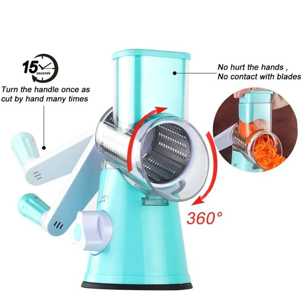 Round manual mandoline slicer with stainless steel blades in blue, green, or red colour
