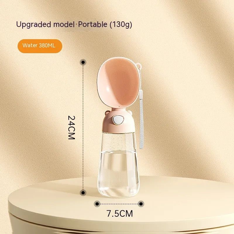Portable dog water bottle and feeder bowl in brown, pink, or yellow colours.