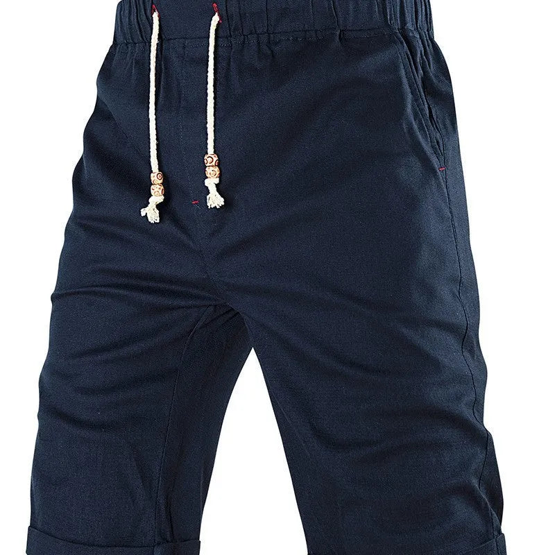 Men's straight-leg summer shorts with zipper pockets and drawstring waistband in cotton blend fabric