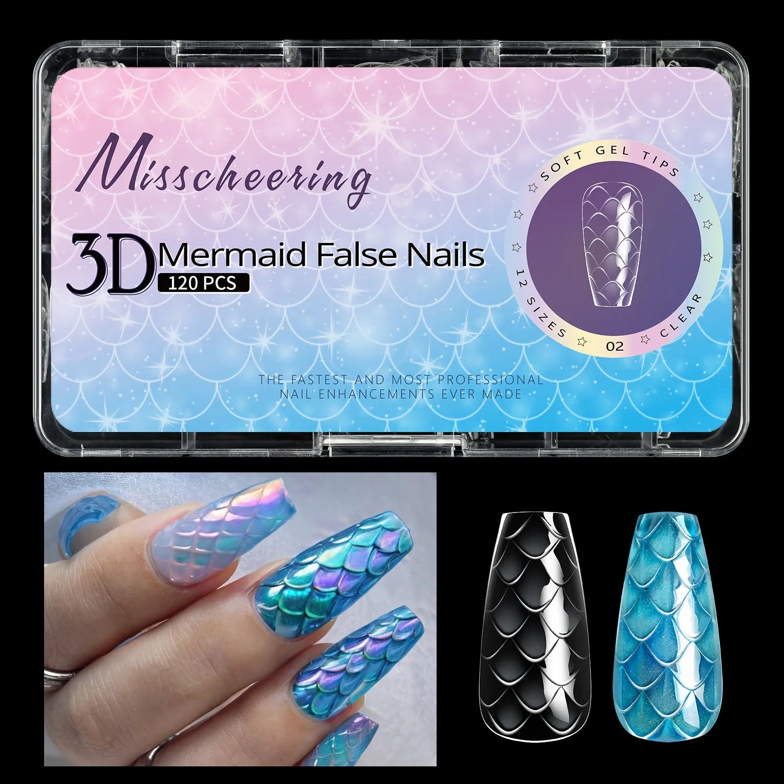 Box of 3D scale long shaping artificial nail tips in one of seven Frigate Box colour options.