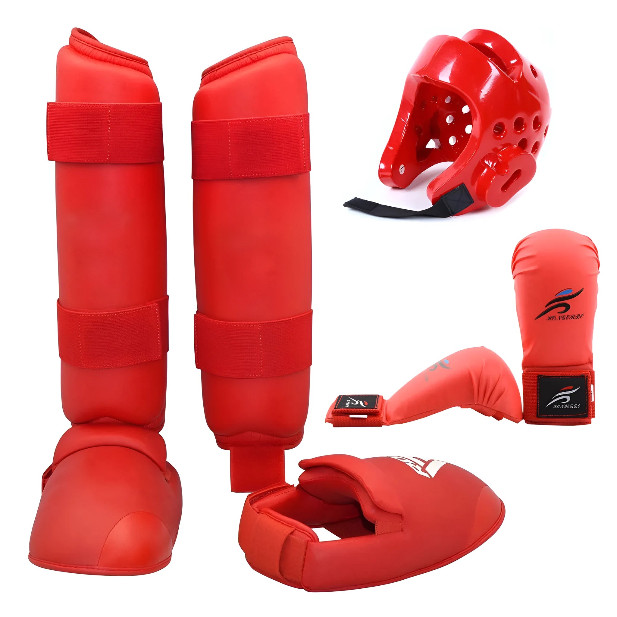 Karate taekwondo protective gear set including leg guard, helmet and boxing gloves in red PU material