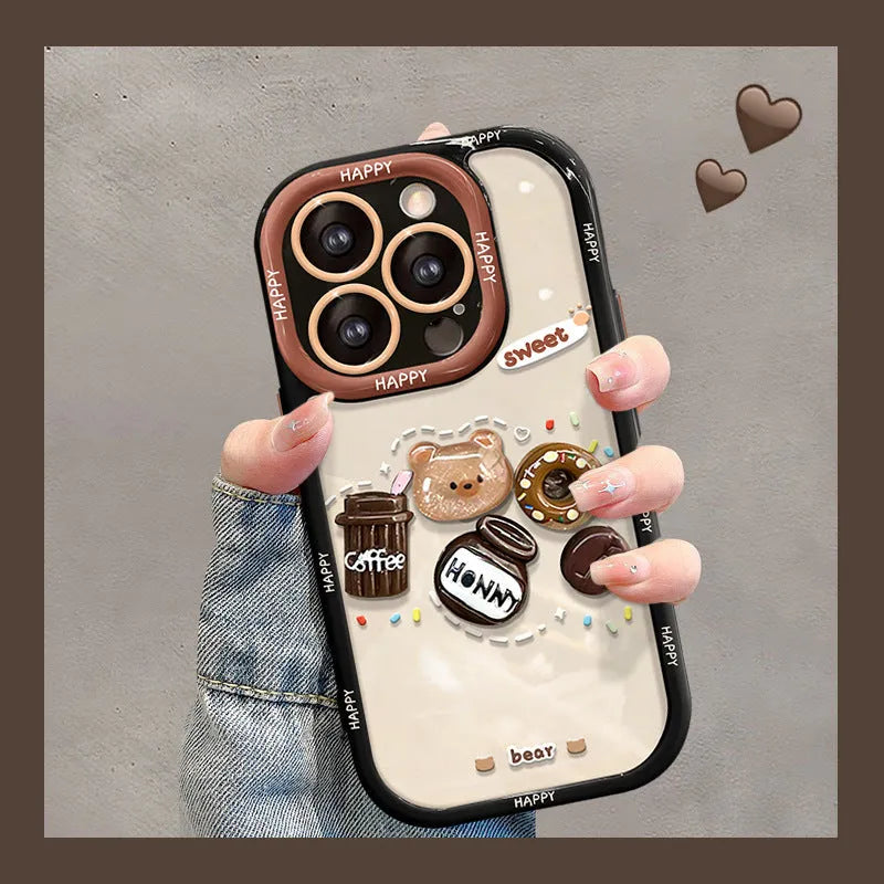 Coffee bear three-dimensional doll pendant drop-resistant silicone phone case for iPhone, cream black colour