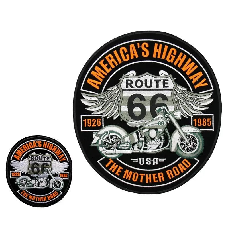 Large cloth embroidery sticker Route 66 design in L 23x25cm size on denim jacket