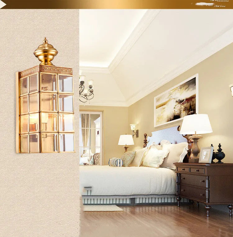 Gold copper LED wall lamp with glass shade, E27 holder, 130x410x150mm, for balcony or courtyard