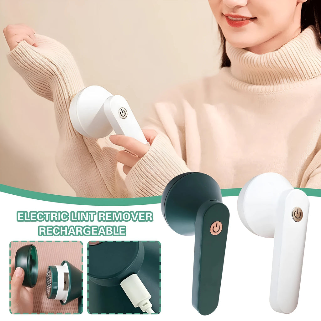 Green and white USB rechargeable electric lint remover with removable lint collector container.