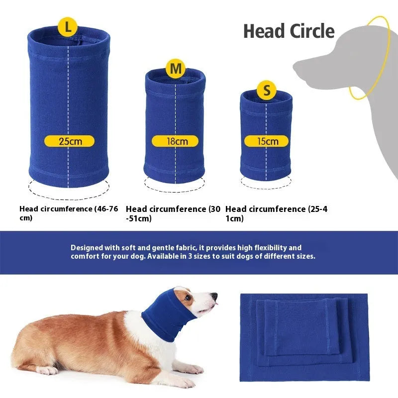 Blue or grey polyester headband scarf for a dog, shown in small, medium, and large sizes.