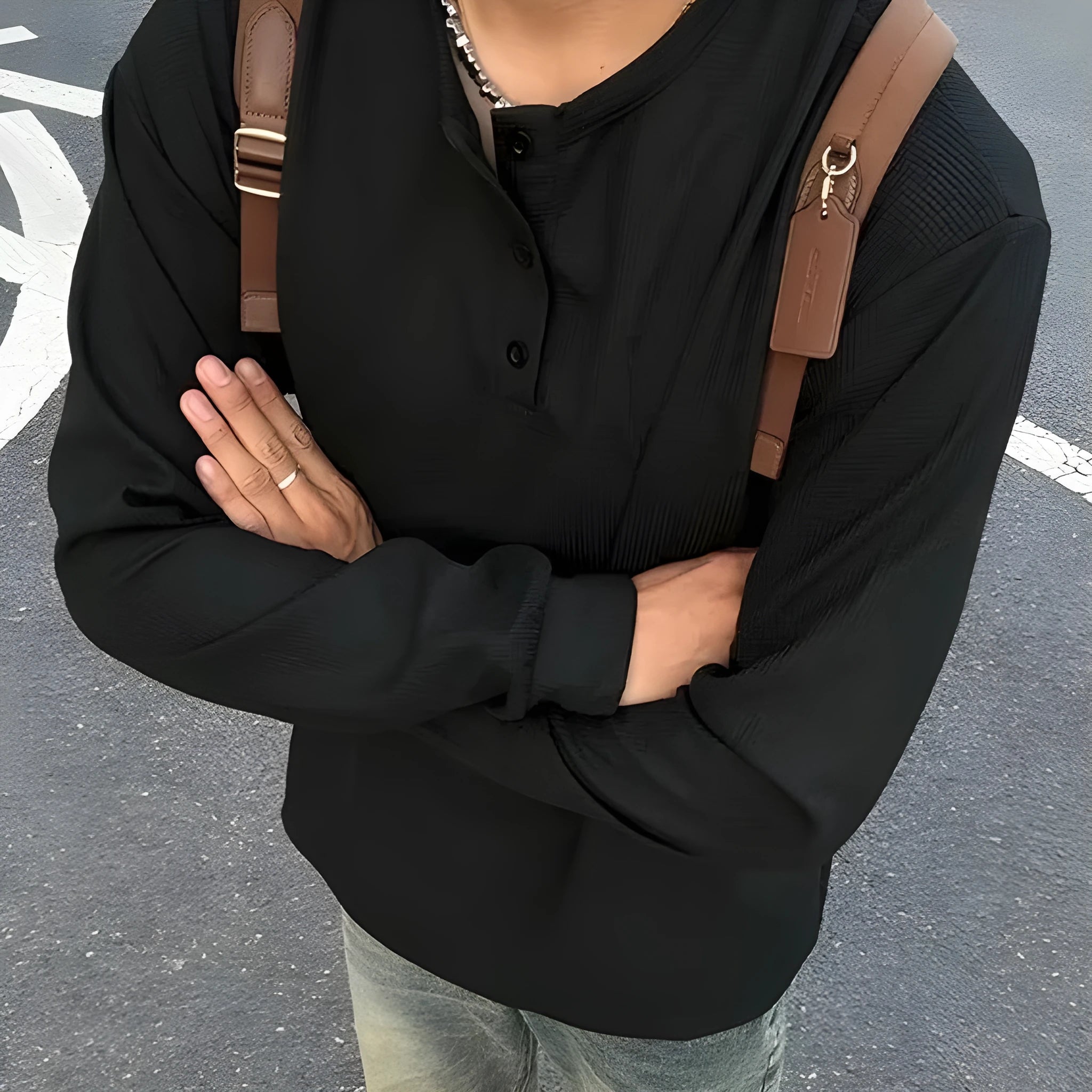 Black American Henry collar long-sleeved men's pullover top, loose fit, solid colour, polyester blend fabric
