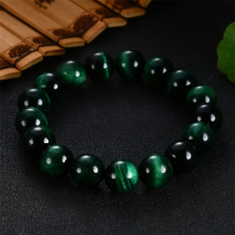 Natural green tiger eye stone bracelet with polished geometric beads