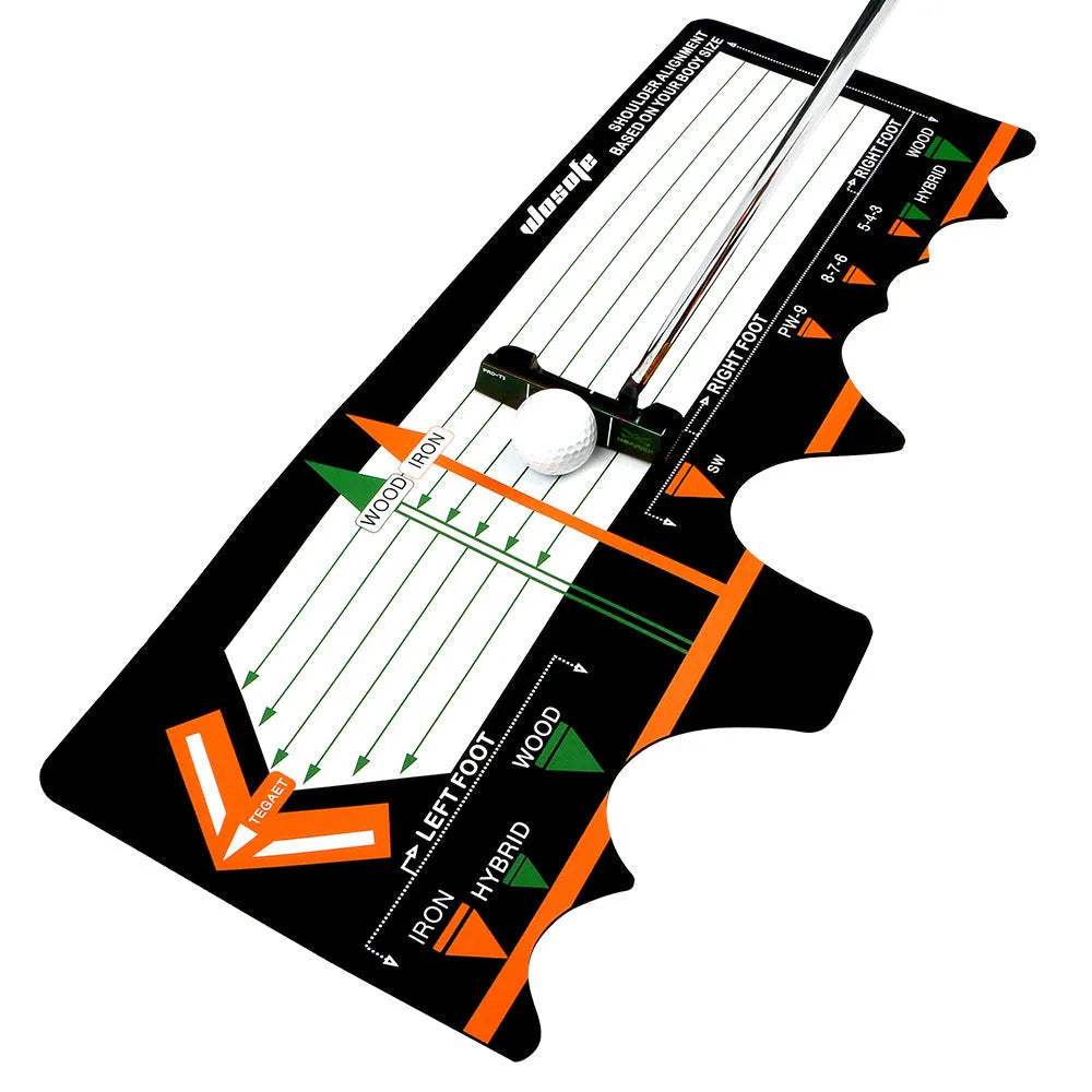 Black neoprene golf swing posture correction mat for stance training and alignment practice