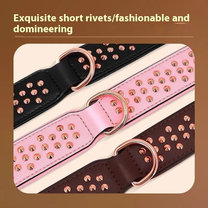 Leather dog collar with metal rivets in black, chocolate, or pink colour.