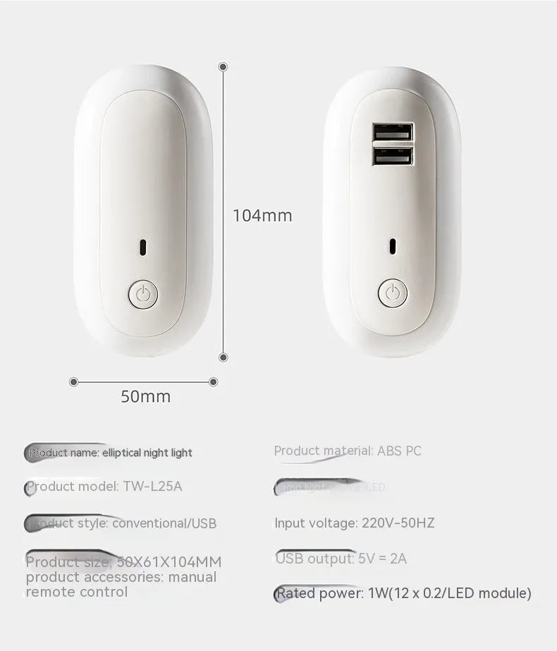 Oval wall night lamp with dual USB ports and remote control, 50x61x104mm, ABS and PC construction