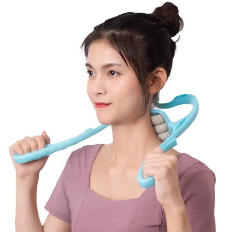 Blue six-wheel electric deep tissue massager with heat for shoulders, neck, and back relief.