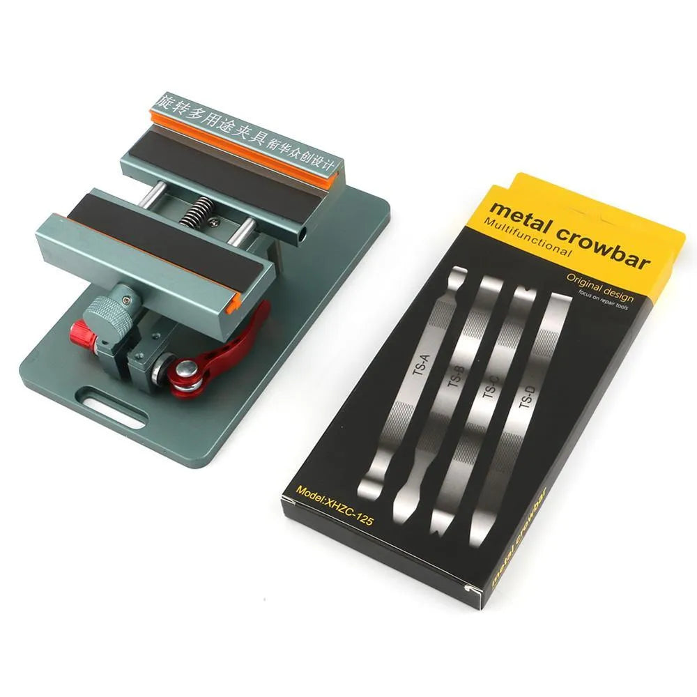Multifunctional mobile phone repair clamp with silicone grips and included crowbar tool.