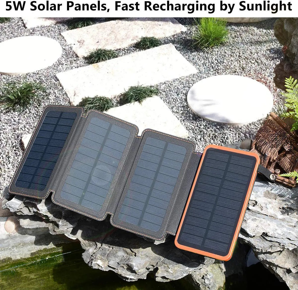 Outdoor solar power bank in orange with a solar panel, LED light, and leather texture, shown next to a charging cable.