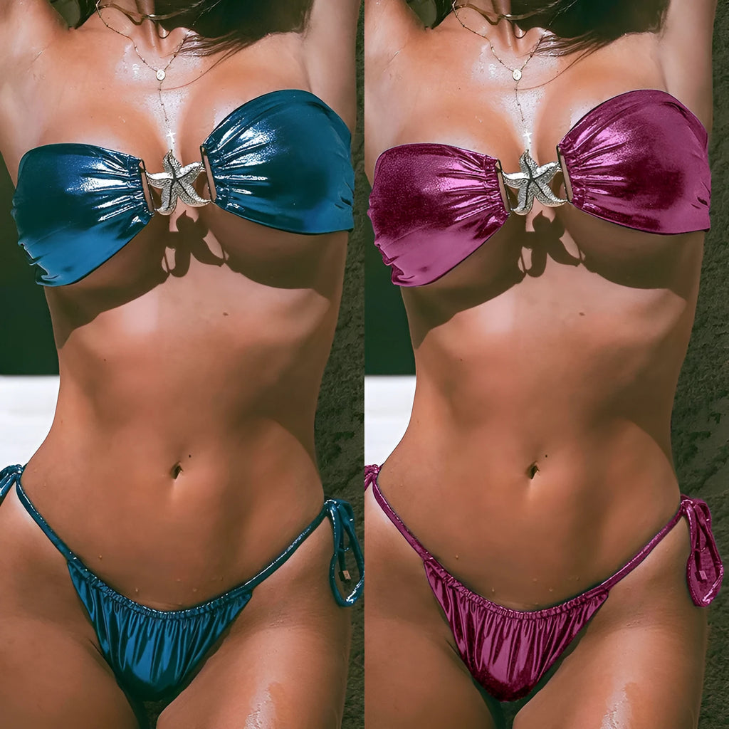 Glossy sapphire blue tube top split bikini with gold starfish decoration on a female model.