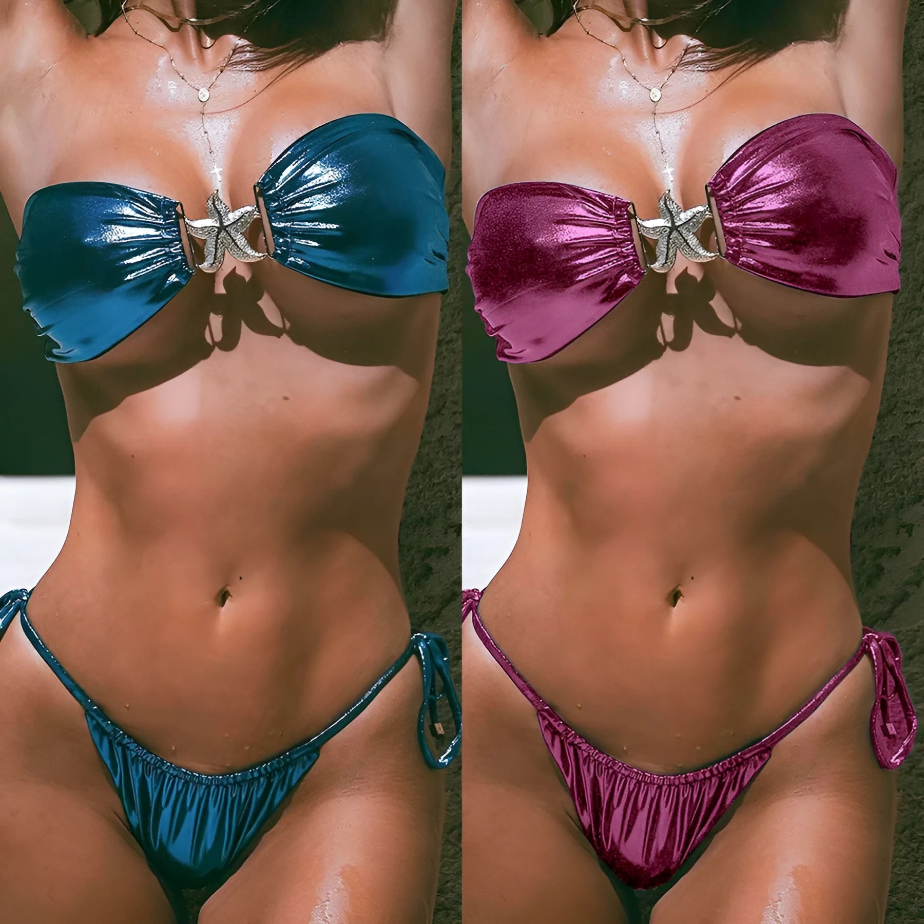Glossy sapphire blue tube top split bikini with gold starfish decoration on a female model.