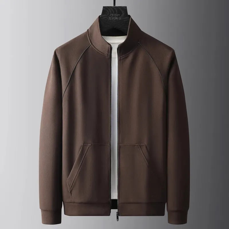 Stand collar casual sports suit set in Vinylon fabric, showing coat and trousers in slim Asian fit.