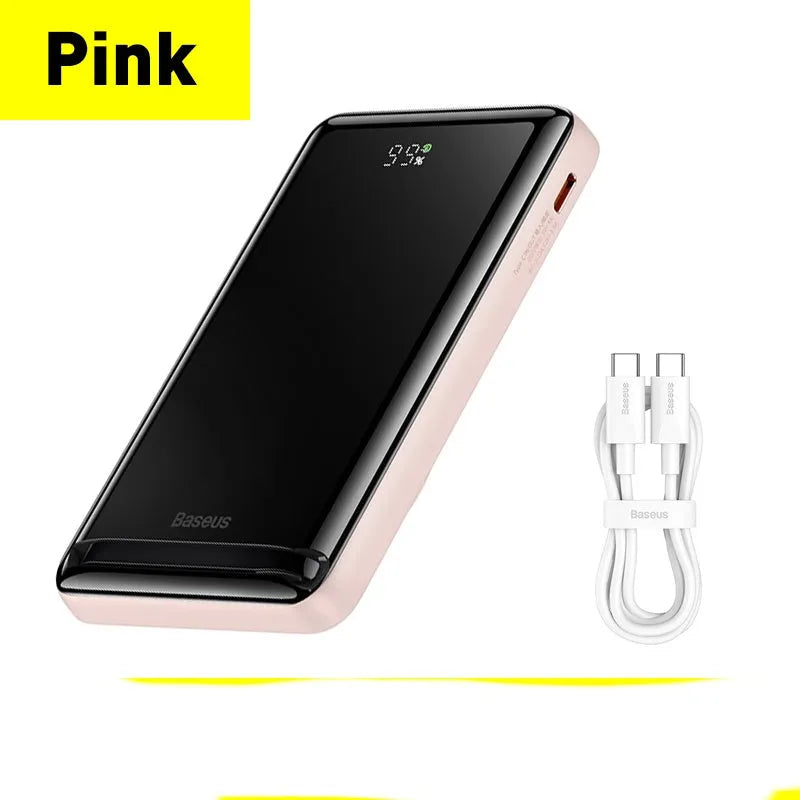 Slim blue magnetic wireless power bank with USB charging cable