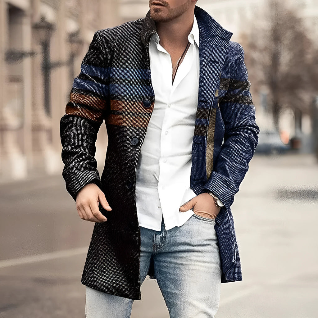Men's plaid stand collar mid-length casual coat in chemical fibre blend fabric, single-breasted front, available in multiple colours