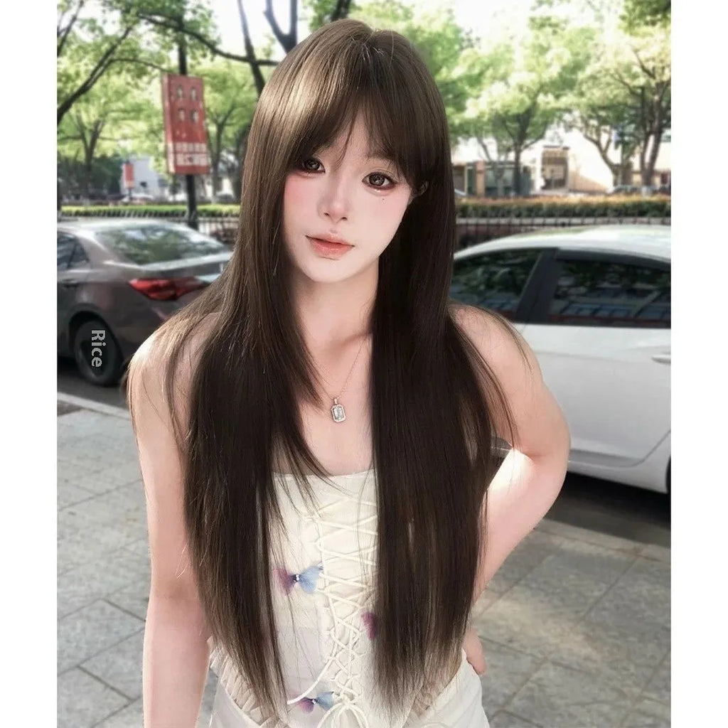 Brown-black synthetic wig with black tea colour treatment and head cover