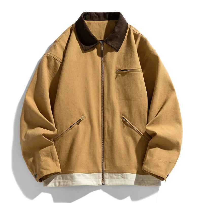 Korean style men's workwear jacket with contrast lapels in loose fit with side pockets