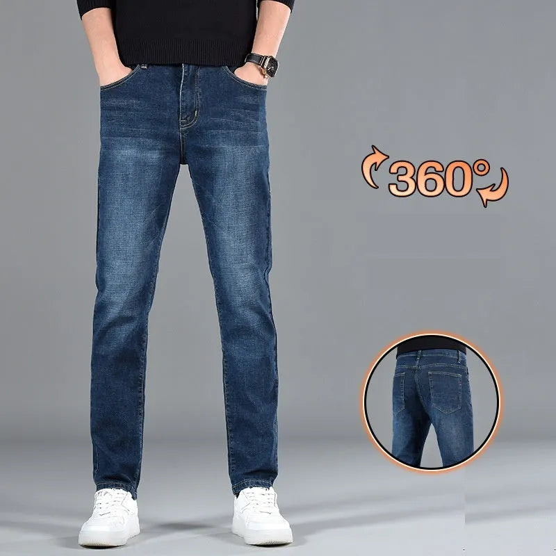 Men's slim fit youth casual straight-leg cotton jeans in black, mid waist, zipper fly, size 30