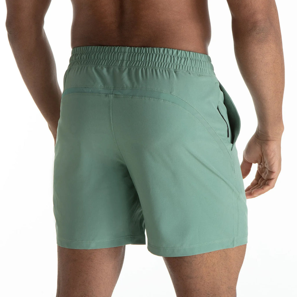 Men's black quick-dry exercise shorts with mesh stitching detail