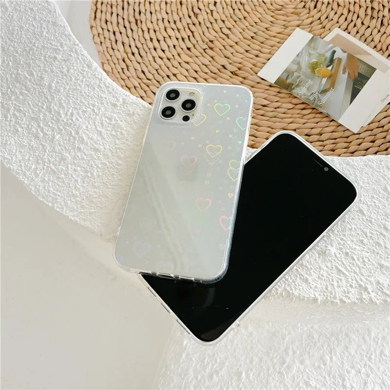 Transparent silicone iPhone case with a laser-etched colourful love pattern.