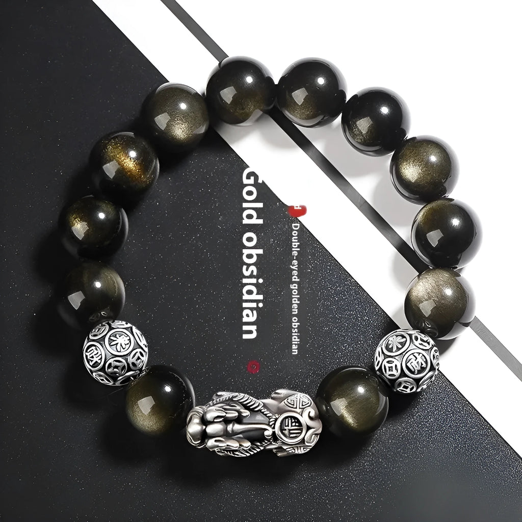 Men's geometric obsidian and sterling silver bracelet showing polished finish and adjustable sizing options