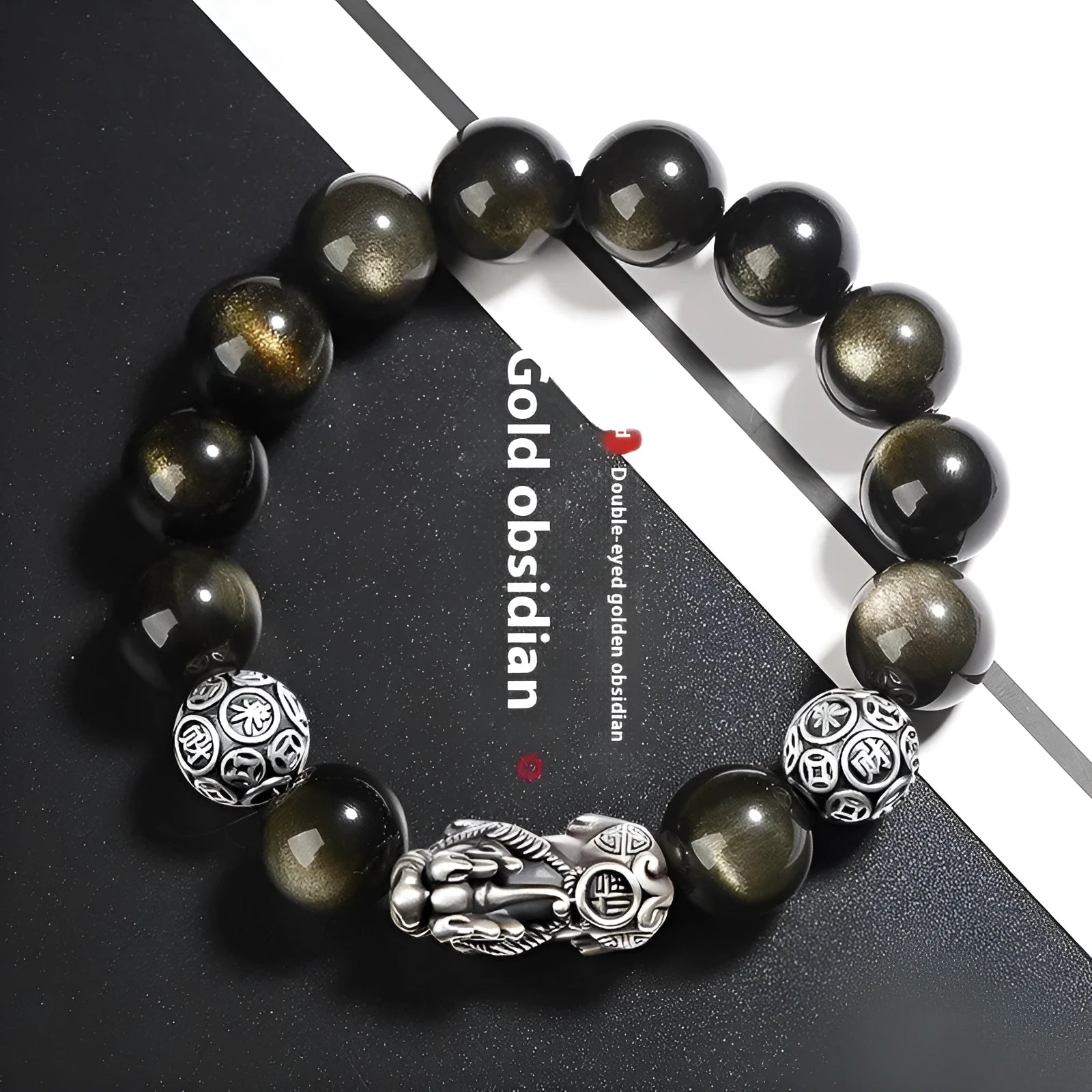Men's geometric obsidian and sterling silver bracelet showing polished finish and adjustable sizing options