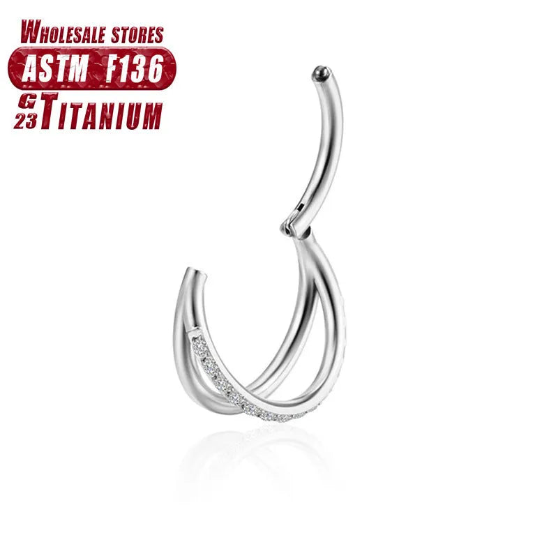 Titanium alloy nose ring or septum piercing in silver, available in multiple lengths and diamond-accented styles.