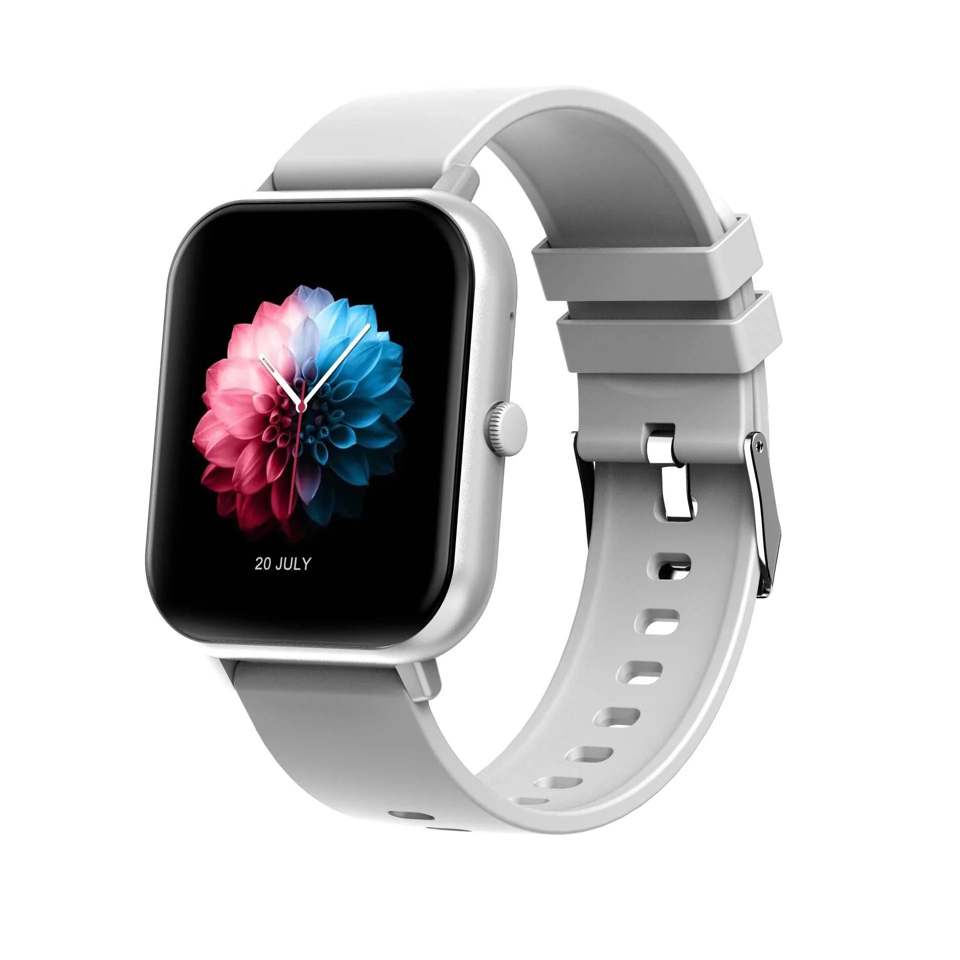 Black Bluetooth smart watch with TFT touch screen displaying heart rate and step count.