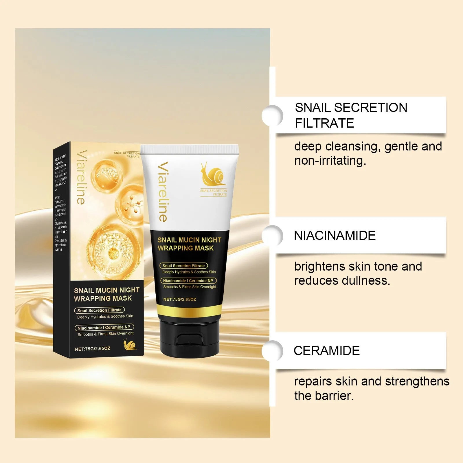 Snail mucus tearing facial mask 75g package with nourishing collagen formula