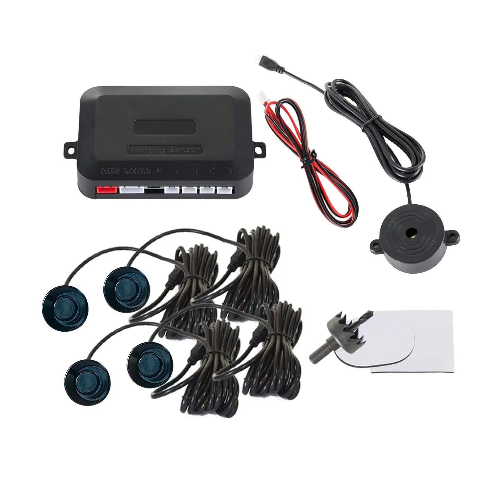 4-probe buzzer-only car reversing radar kit with sensors, control module, and hole saw on a grey background.