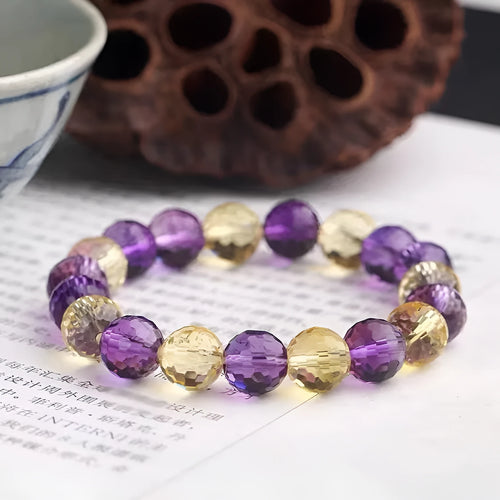 128-facet cut crystal bracelet in amethyst, ametrine, or citrine with selectable bead diameters