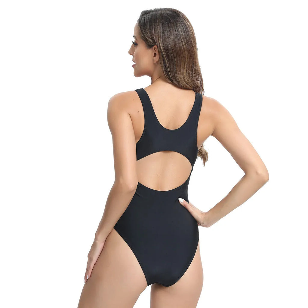 Women's sleeveless one-piece swimsuit in rose red, blue, or white with briefs bottom.