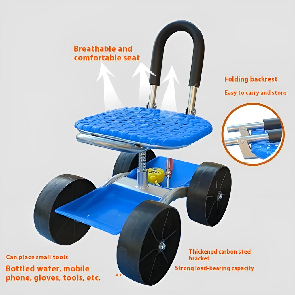 Folding garden mobile seat on wheels with galvanized pipe frame, shown in outdoor setting