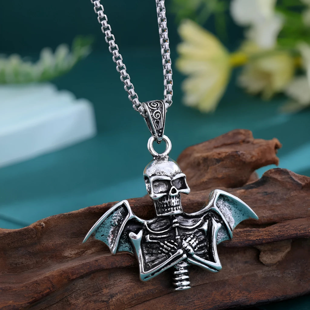 Angel skull retro punk men's collarbone chain necklace with skull pendant, listed colour Angel Skull Necklace