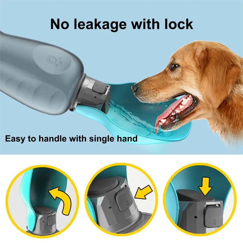 Blue grey foldable dog water bottle with drinking trough extended, showing 800ml capacity markings